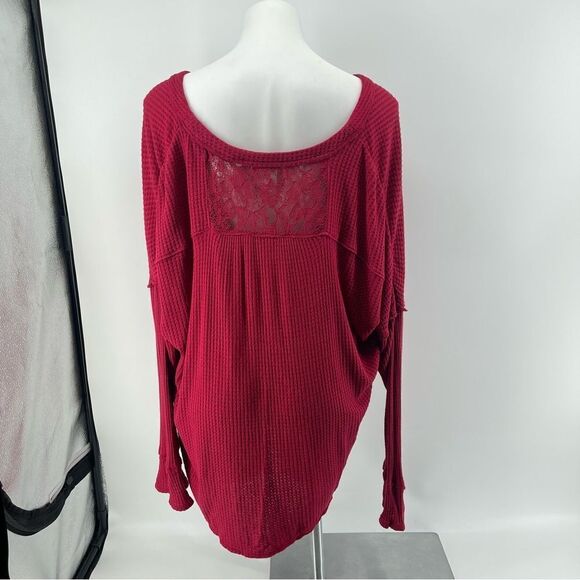Knox Rose Red Long Sleeve Waffle Knit Tie Hem Button Front Lace Panel Top 2X - Picture 9 of 14